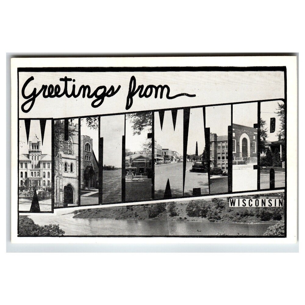 Greetings from Whitewater Wisconsin Large Letter Vintage Postcard B&W